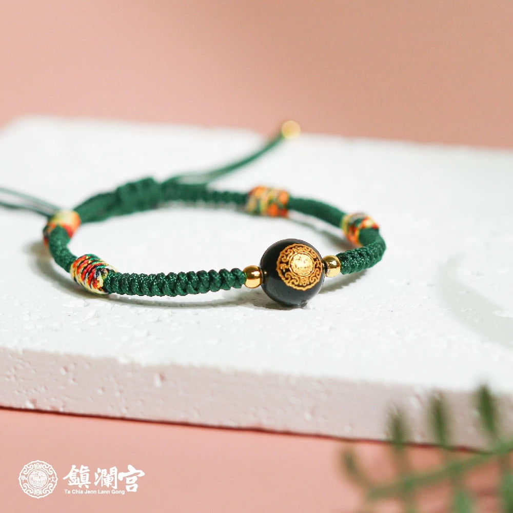 【鎮瀾宮×天后】富貴寶寶守護平安手繩｜綠色｜手繩 五色線 黑曜石 黑水晶 兒童手鍊