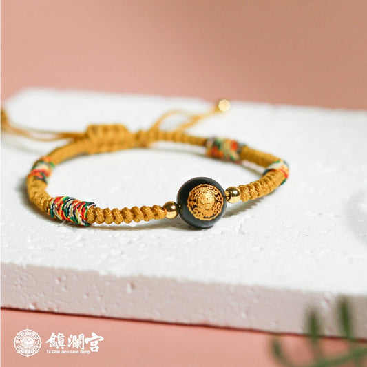 【鎮瀾宮×天后】富貴寶寶守護平安手繩｜金色｜手繩 五色線 黑曜石 黑水晶 兒童手鍊 兒童手環