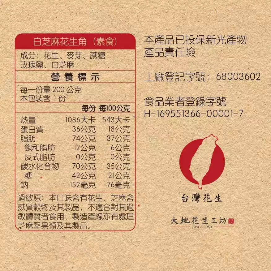 【大地花生工坊】白芝麻花生角 200g/袋（可素食）｜經典花生糖 焙炒花生角